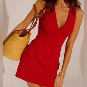 NWT Commense Women's Mini Dress M Red Textured Side Zipper Sleeveless V-Neck